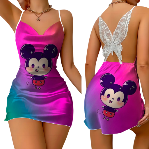 Tęczowa mini sukienka z postacią kawaii Motylowa koronka na plecach Gradient kolorów Różowo-niebieski odcień Uroczy letni strój