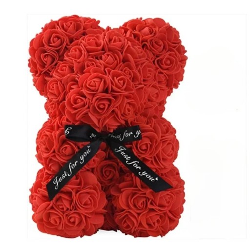 Teddybär aus künstlichen Rosen mit schwarzem Band Handgemachte Blumenfigur Valentinstagsgeschenk Romantische Dekoration Luxuriöse Innendekoration 25 cm