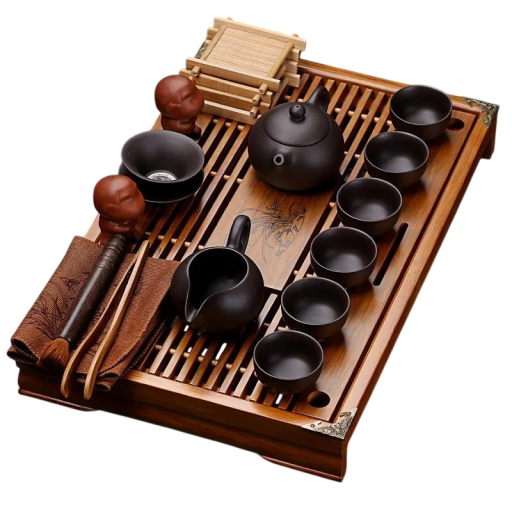 Teesæt Kung Fu 27 dele Bakke 43 x 28 x 5,5 cm med kande, si og 8 kopper Keramik Yixing og massivt træ Til tilberedning af løs te