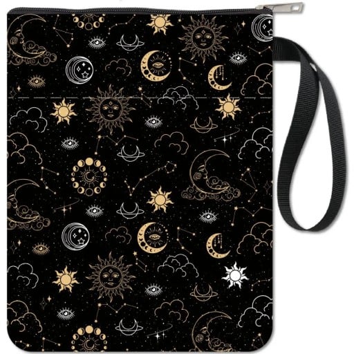 Tekstylne etui na zamek 28 x 22 cm wodoodporny organizer z kieszenią i uchwytem motyw miesiąca słońca konstelacji