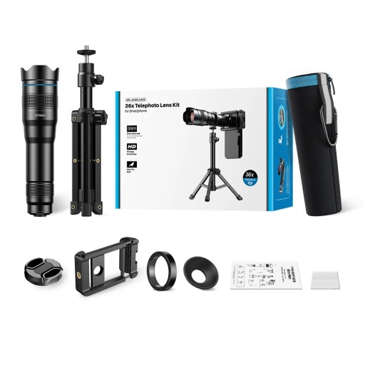Telelens voor mobiele telefoons met 36x zoom, universele clip en statief voor iPhone, Samsung en andere smartphones met hoes zwart