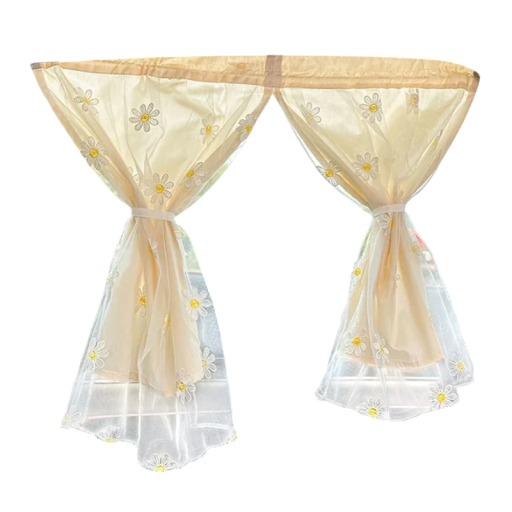 Tenda da auto in cotone ricamata per finestrini laterali con ventose 2 strati beige decorazione a metà con margherite protezione solare