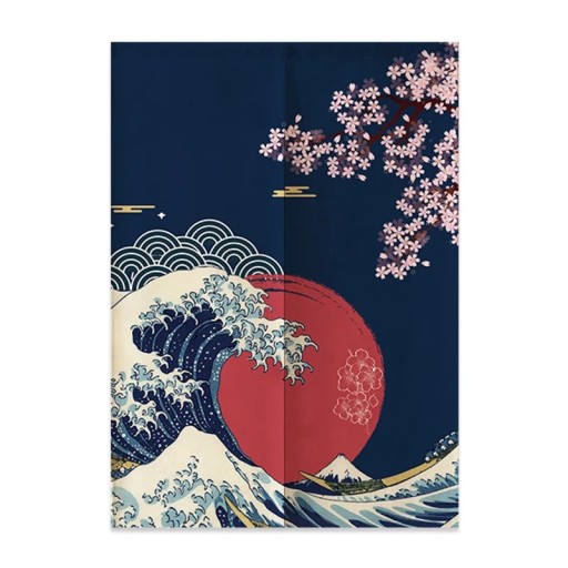 Tenda giapponese per porta onde sole sakura 75×150 cm poliestere sfondo blu scuro tenda in tessuto per separazione degli spazi