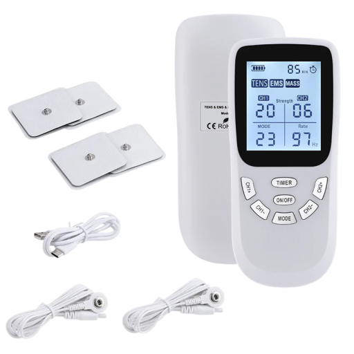 TENS EMS digitális masszírozó izmokhoz 36 üzemmóddal 20 intenzitással 18 időzítővel 14,5 cm USB-C újratölthető fehér kétrészes fájdalomcsillapító