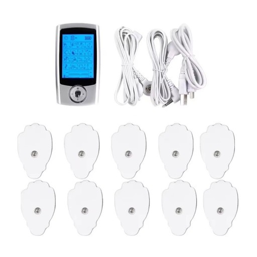 TENS EMS elektrostimulátor voor spieren 16 modi 20 intensiteitsniveaus 9,5 cm USB oplaadbare zilveren twee-kanaals massager voor rug- en nekpijn