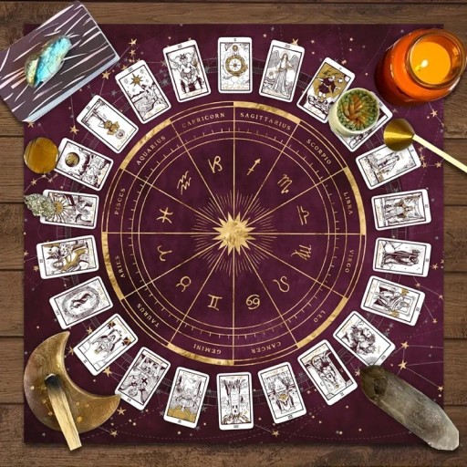 Terítő tarot kártyák motívumával 49 x 49 cm Kártyás anyag 12 csillagjeggyel Kártyaolvasás Meditációs alátét Különböző színek
