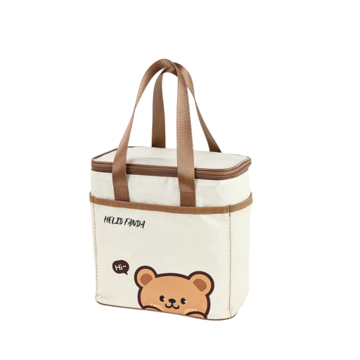 Termo torba na lunch wodoodporna 24×15,5×24,5 cm kremowa z nadrukiem misia z uchwytami do przenoszenia jedzenia do pracy i szkoły