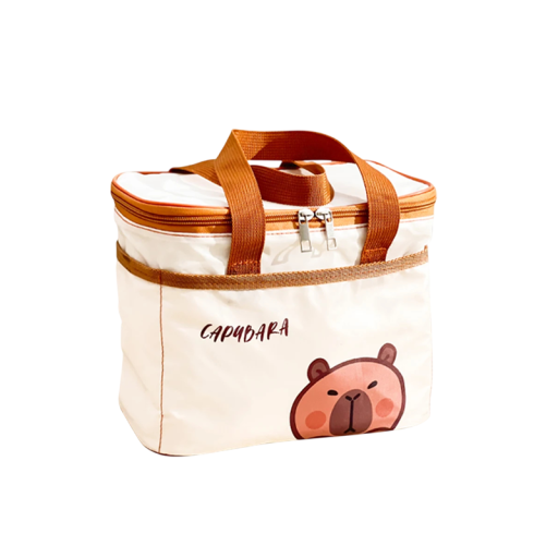 Termosväskan för lunch vattentät 24×15,5×19,5 cm beige med orange handtag och djurtryck för transport av mat till jobbet