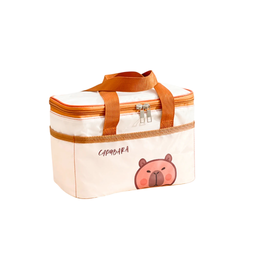 Termotaske til frokost vandtæt 24×15,5×14,5 cm beige med orange elementer og dyremotiv med håndtag til transport af mad