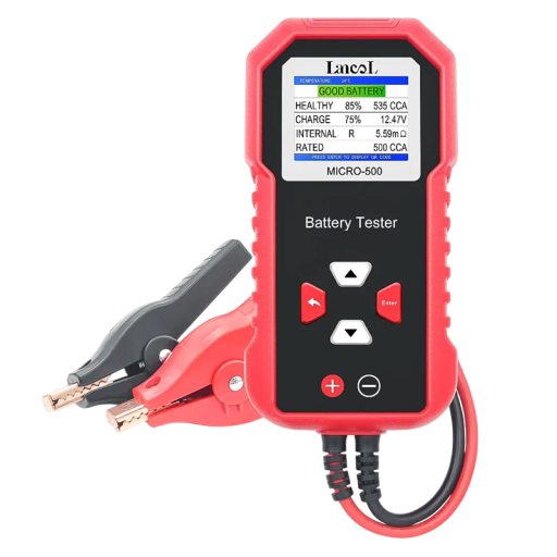 Tester til 12V bilbatterier med farvet LED-display og QR-kode til resultater Testkabler 55 cm Diagnostik af bilbatteriets tilstand