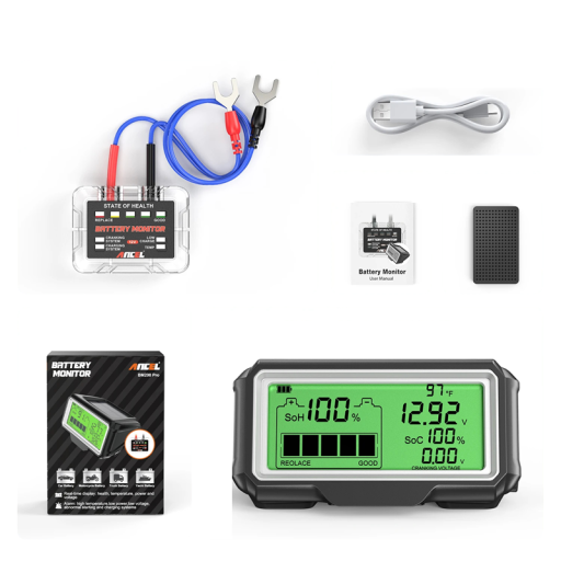 Tester til bilbatteri ANCEL BM200 Pro med LCD-display til måling af SoH, SoC, spænding og temperatur, trådløs overførsel til 12 V blybatterier