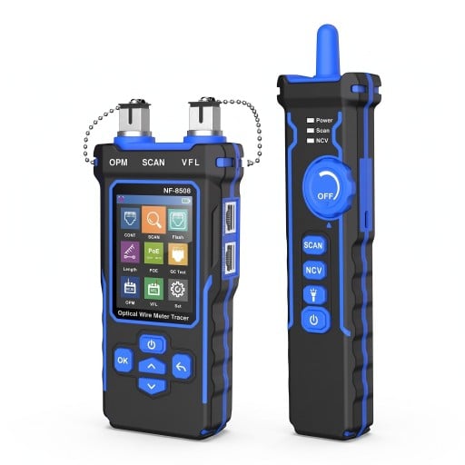 Testeur de câbles réseau avec mesureur de puissance optique, VFL et test PoE, mesure de longueur jusqu'à 200 m, 1500 mAh, RJ45 Cat5/Cat6, noir-bleu