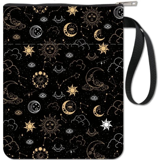 Textilní zipové pouzdro 28 x 22 cm voděodolný organizér s kapsou a poutkem motiv měsíc slunce souhvězdí