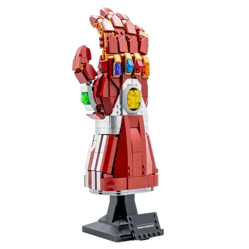 Thanos&#39; røde handske - Infinity-byggesæt 31 cm - 675 dele. Bevægelig model med Infinity-sten. På stativ. Dekoration til fans.