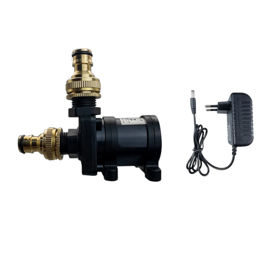 Tiché vodní čerpadlo 12 V s DC konektorem Adaptér 220 V v sadě Spojky 16 mm Průtok 700 l/h Zdvih 5 m Příkon 14 W Krytí IP68 Černé