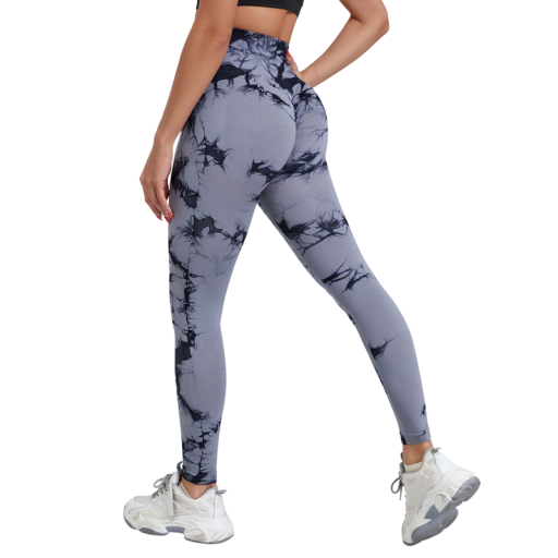 Tie-dye naadloze sportlegging voor dames met hoge taille en push-up effect. Snel drogende elastische legging. Lichtgewicht, ademend materiaal.