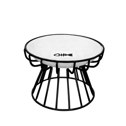 Tigela elevada de cerâmica para gatos 15 x 2,5 cm com motivo de esqueleto de peixe Suporte em aço inoxidável Altura 10 cm Tigela ergonómica antiderrapante