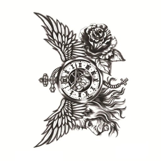 Tijdelijke tatoeage Clock Wings Rose 10 x 20 cm Waterdichte lichaamstatoeage Symbool van tijd en vrijheid Blijft tot 15 dagen zitten Eenvoudige
