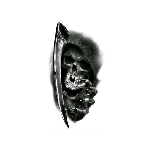Tillfällig vattentät tatuering 11,5 x 21 cm Grim Reaper med lie Mörk realistiskt motiv Håller upp till 15 dagar Enkel applicering Kroppstatuering
