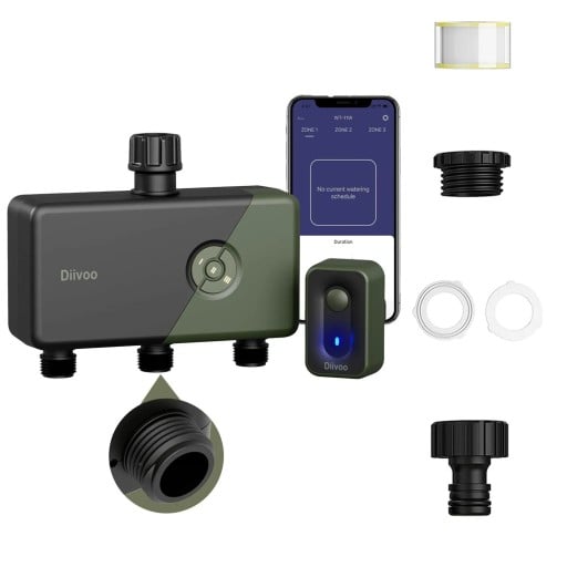 Timer WiFi intelligente per l'irrigazione del giardino con 3 zone e app HomGar, IP54, per rubinetto da 3/4 pollice, batterie 4x AA, verde-nero