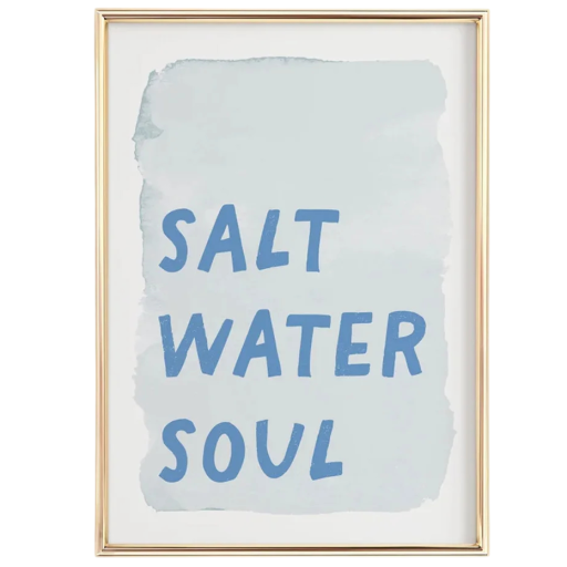 Tipográfiai plakát salt water soul felirattal 50 x 70 cm vászonra nyomtatva puha plakát kék keret nélkül lakberendezési dekoráció