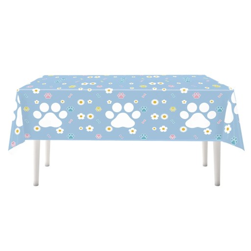 Tischdecke 137 × 274 cm Blauer Tischdecke mit Motiv von weißen Pfoten und Blumen Dekorative Partytischdecke für Kindergeburtstage