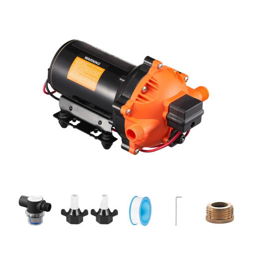 Tlakové membránové čerpadlo s filtrem 12 V s příkonem 216 W a tlakem 70 PSI s průtokem 18,93 l za minutu v černo-oranžové barvě