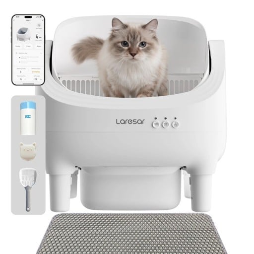 Toilettes automatiques pour chats avec entrée supérieure 52,8 x 51 cm Contrôle par application Protection contre le pincement Puissance 10 W Finition blanche