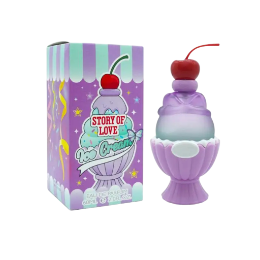 Toilettevand Story of Love Ice Cream dessertduft 60 ml spray lilla flakon i form af iskrus til daglig brug og som gave