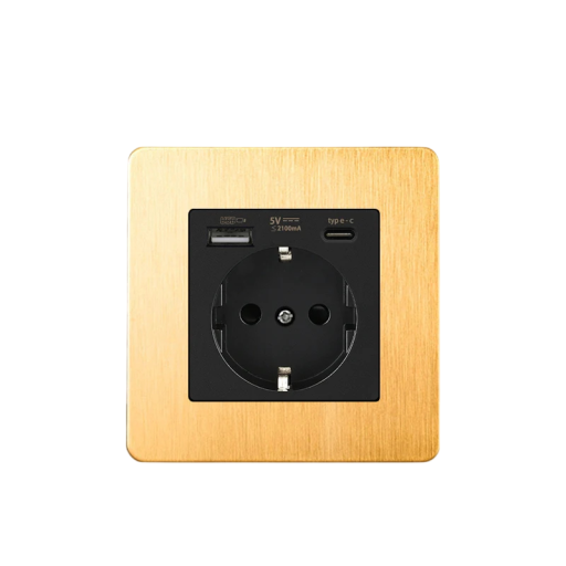 Tomada de parede retro EU com carregador USB e USB-C, 86 × 86 mm, aço inoxidável escovado, dourado, embutida em caixa quadrada
