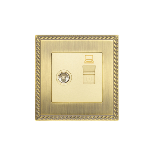 Tomada de parede TV e dados internet 2 em 1, moldura retro 86 x 90 mm em liga de zinco, dourada, para sala de estar e escritório