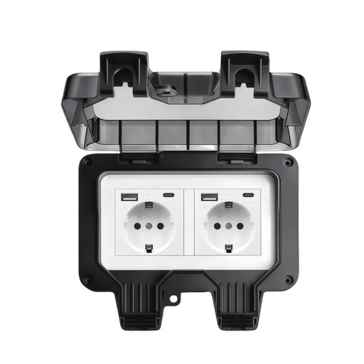 Tomada dupla exterior com USB e USB-C, à prova de água IP66, 16 A / 220 V, plástica com tampa para embutir, preta, para jardim, terraço e garagem