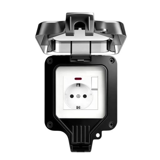 Tomada exterior à prova de água com interruptor e tampa basculante IP66, EU Schuko 16A 220V, 11 x 11 cm, plástico, preto, para parede em jardim e garagem