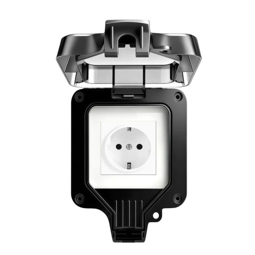 Tomada exterior à prova de água EU 16A 220V com tampa articulada e vedação, caixa plástica com fecho 11 × 11 cm, preta, para jardim e garagem