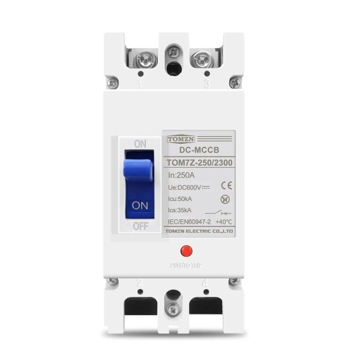 TOMZN solcelleafbryder MCCB 2P 250 A 43 x 165 x 80 mm beskyttelse mod overbelastning modstandsdygtighed op til 105 °C sikker styring af strømforsyning til FV-systemer