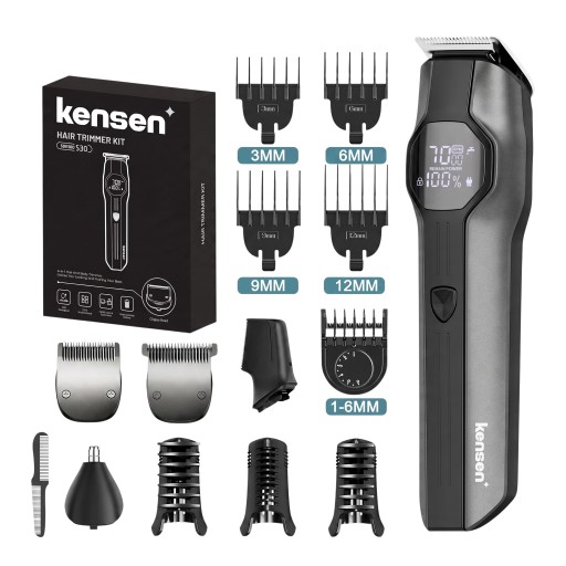 Tondeuse à cheveux et à barbe 4 en 1 pour hommes Tondeuse de nez et de corps Batterie 1500 mAh Étanche IPX7 Écran LCD Gris Ensemble pour la maison