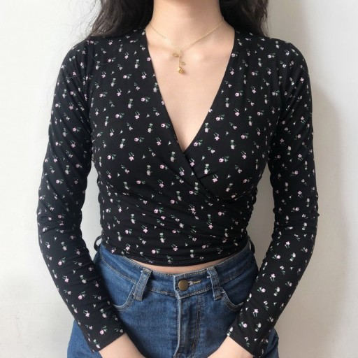 Top crop avvolgente da donna con maniche lunghe A1355