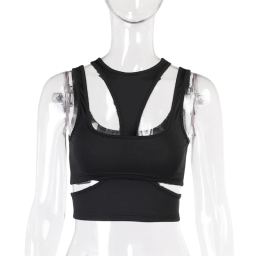 Top crop damă simplu cu decolteu rotund, decupaje, bretele late, poliester, spandex, top modern elastic