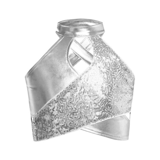 Top de baile para niñas con escote halter, parte frontal cruzada y lentejuelas, crop top de poliéster para jazz y coreografías modernas