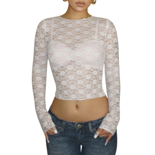 Top de damă din dantelă cu mâneci lungi Croi elegant și transparent Material respirabil Stil scurt crop Potrivit pentru ținute de seară și petrecere