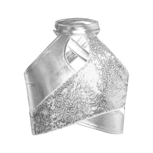 Top de dança para meninas com decote halter, frente cruzada e lantejoulas, crop top de poliéster para jazz e coreografias modernas