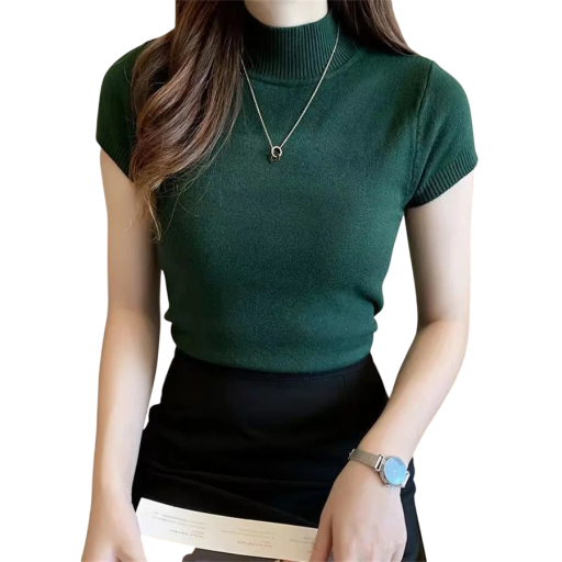 Top de punto para mujer con mangas cortas Corte ajustado elegante Material suave Cuello alto alto Adecuado para el trabajo y ropa informal