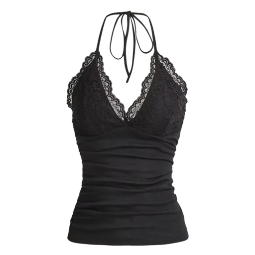 Top de renda feminino com alças finas Decote em V Laço no pescoço Top elegante de poliéster e spandex
