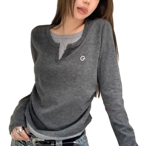 Top feminino com mangas longas Camisola elegante com decote em V Material macio Top básico estiloso para a cidade e para casa Moda casual