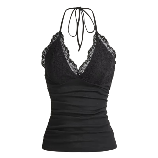 Top preto em renda para senhora com atilho no pescoço Top sexy com decote em V T-shirt elegante com renda Top justo para o verão e festas