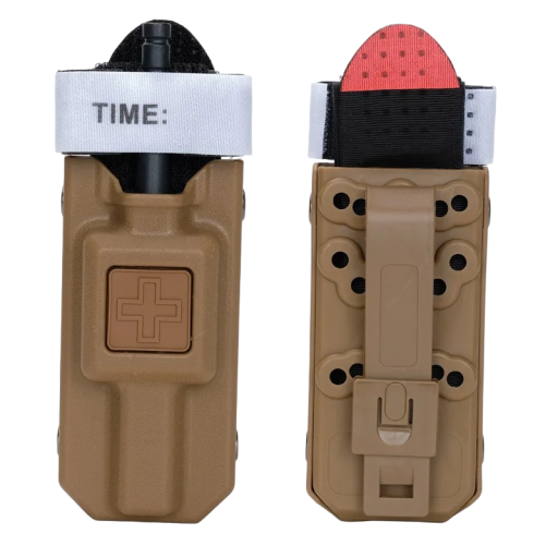 Torniquete táctico com bolsa para cinto Torniquete táctico para aplicação com uma mão Cinta de aperto Carretel de plástico 12 x 6 cm