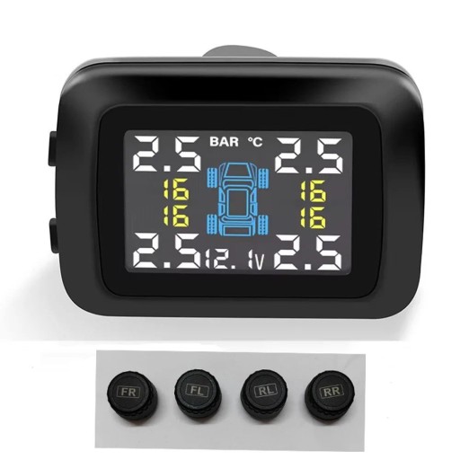 TPMS für den Zigarettenanzünder Set mit 4 externen Sensoren 0–5 bar zur Überwachung des Drucks und der Temperatur der Reifen mit Display