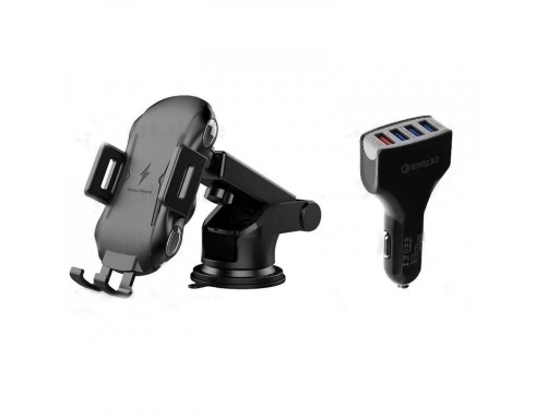 Trådløs biloplader 10 W med holder til mobiltelefon Adapter til cigarettænder 18 W med fire USB-porte Quick Charge 3.0