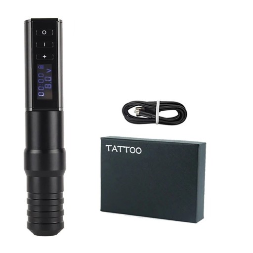 Trådløs tatoveringsmaskine med strømforsyning og kabel med RCA-interface. Trådløs tatoveringspen med skridsikkert håndtag og 2400 mAh batterikapacitet. 16 x 2,9 cm.