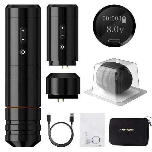 Trådløst tatoveringspen Ambition Ninja Nova sort med to batterier børsteløs motor løft 4,0 mm 2000 mAh og LED-display